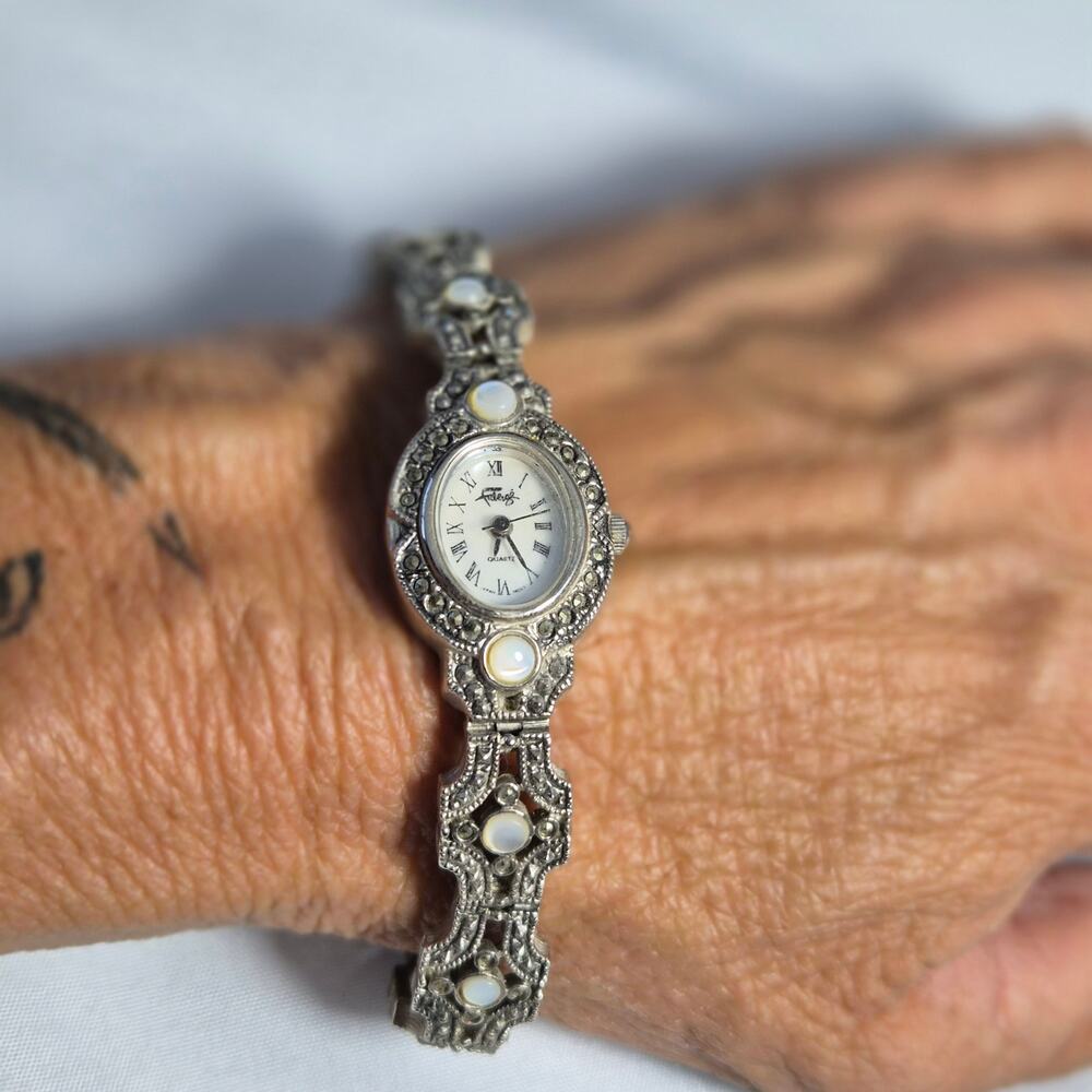 Vintage Fabergé Marcasite Mother of Pearl Watch LXF688 Art Deco Goth AS IS